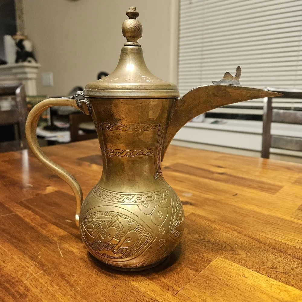 Brass Tea Set Arabian Jewish Coffee Pot Antique Set of 11 Cups w/ Tray Tea Pot